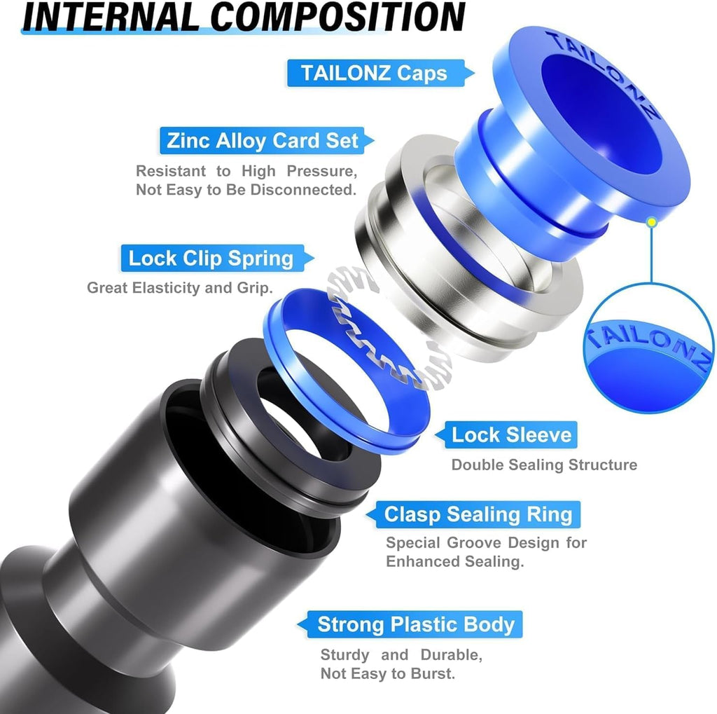 TAILONZ PNEUMATIC 1/4"3/8"1/2"1/8" Push to Connect Fittings Air Hose Fittings,Threaded Connection Kits, Suitable for Nylon Tube PU Tube Air Tube and Other Connection Kits（Pack of 98）