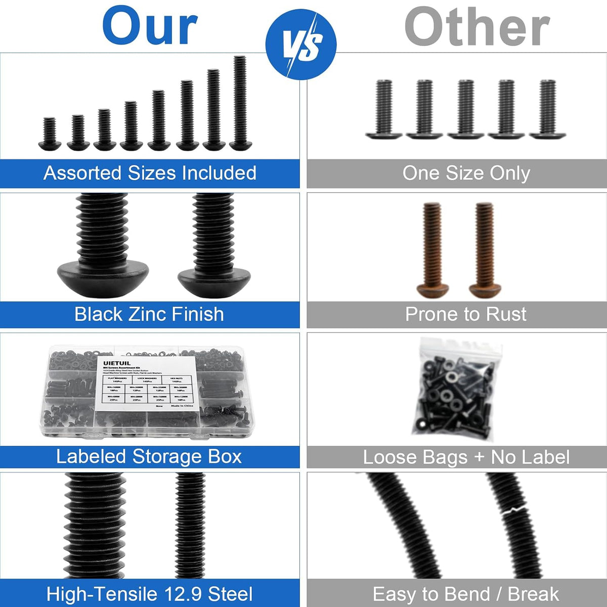 580Pcs UIETUIL M4 Hex Socket Button Head Screws Kit, M4x6-30mm, 10.9