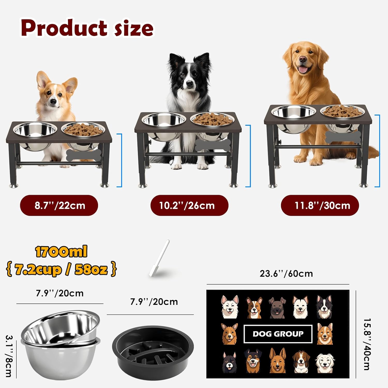 Elevated Dog Bowls with Slow Feeder & Mat for Medium and Large Dogs, 12" Tall Adjustable Wooden & Metal Raised Dog