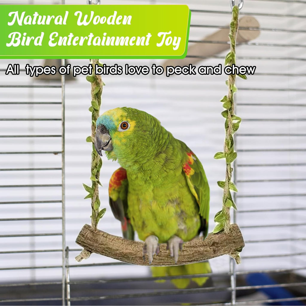 Natural Wood Bird Swing Perch with Decorative Leaves - 7.1" Durable Bird Stand Platform Toy for Cage, Hanging Budgie
