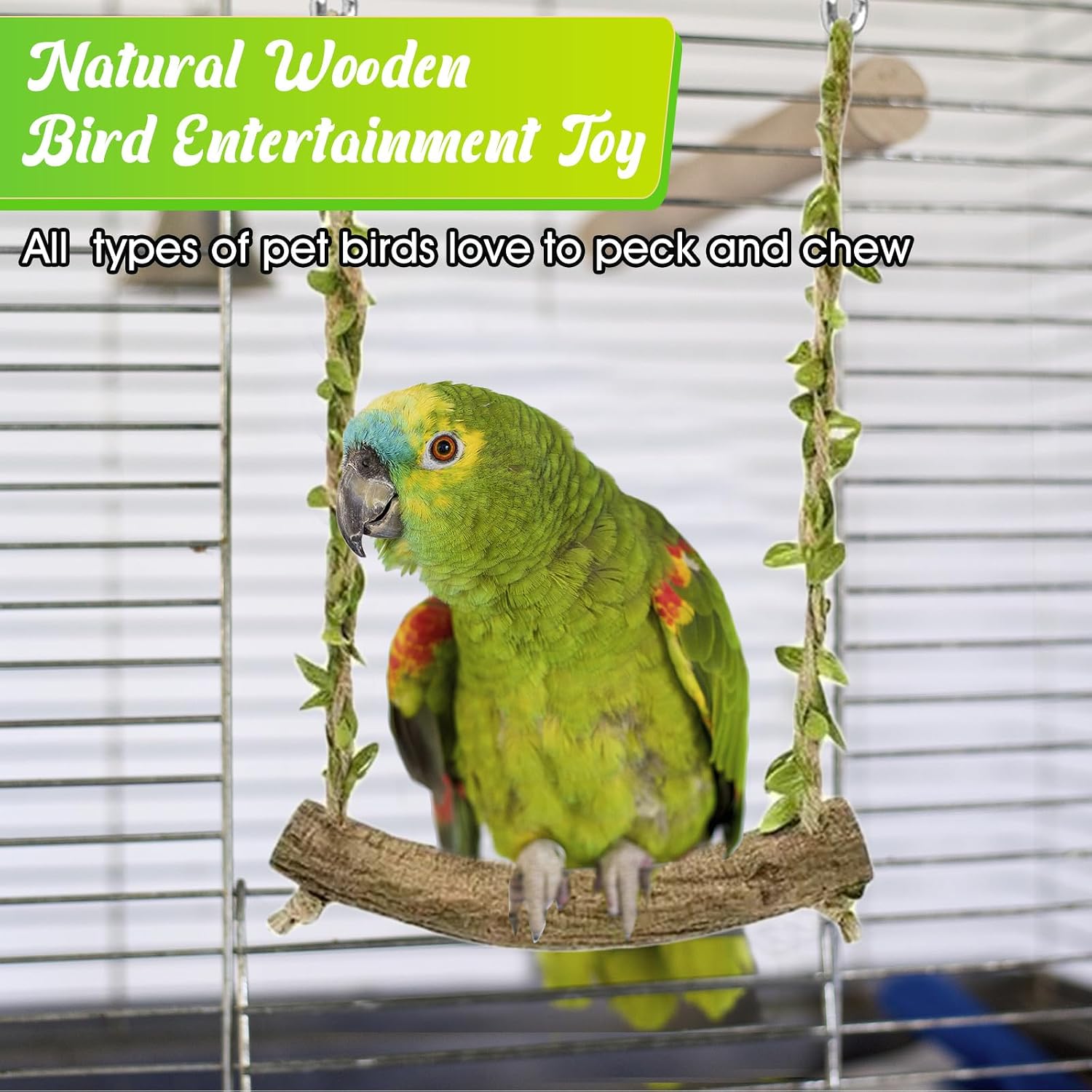 Natural Wood Bird Swing Perch with Decorative Leaves - 7.1" Durable Bird Stand Platform Toy for Cage, Hanging Budgie
