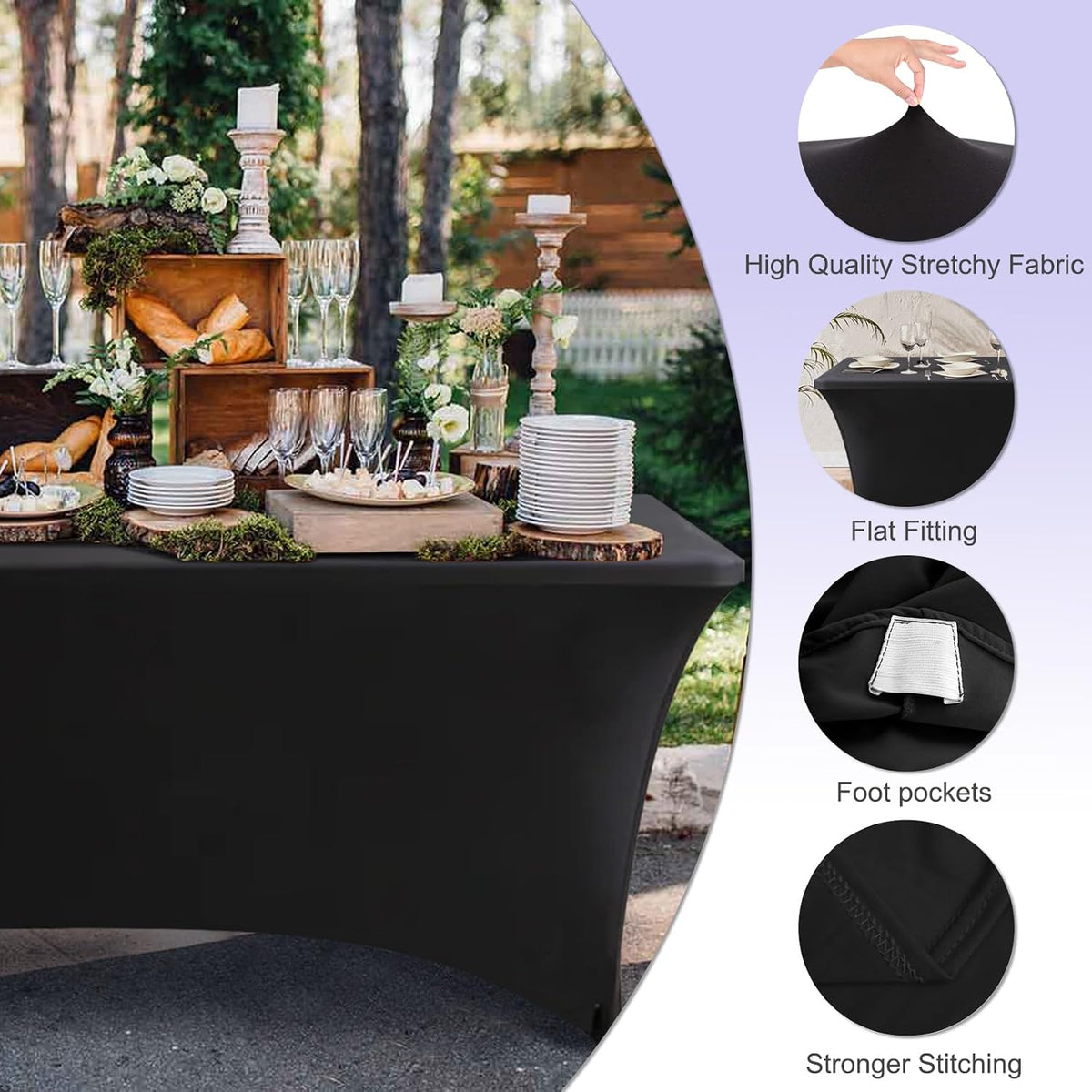 6FT Spandex Table Cover, Stretch Fitted Tablecloth, Black