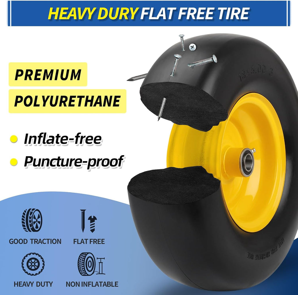 13x5.00-6 Flat Free Lawn Mower Tire and Wheel with Bearing Bore 3/4" or 5/8", 13x5-6 Smooth Tread Tire, 3.25"-5.9"