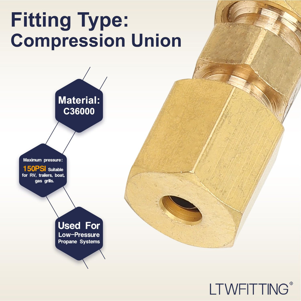 LTWFITTING 5/16-Inch OD Compression Union,Brass Compression Fitting(Pack of 10)