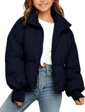 Girls Winter Puffer Jacket Kids Warm Quilted Puffer Coat | Zip Up, Stand Collar, Long Sleeve, Cropped Puffy Jacket