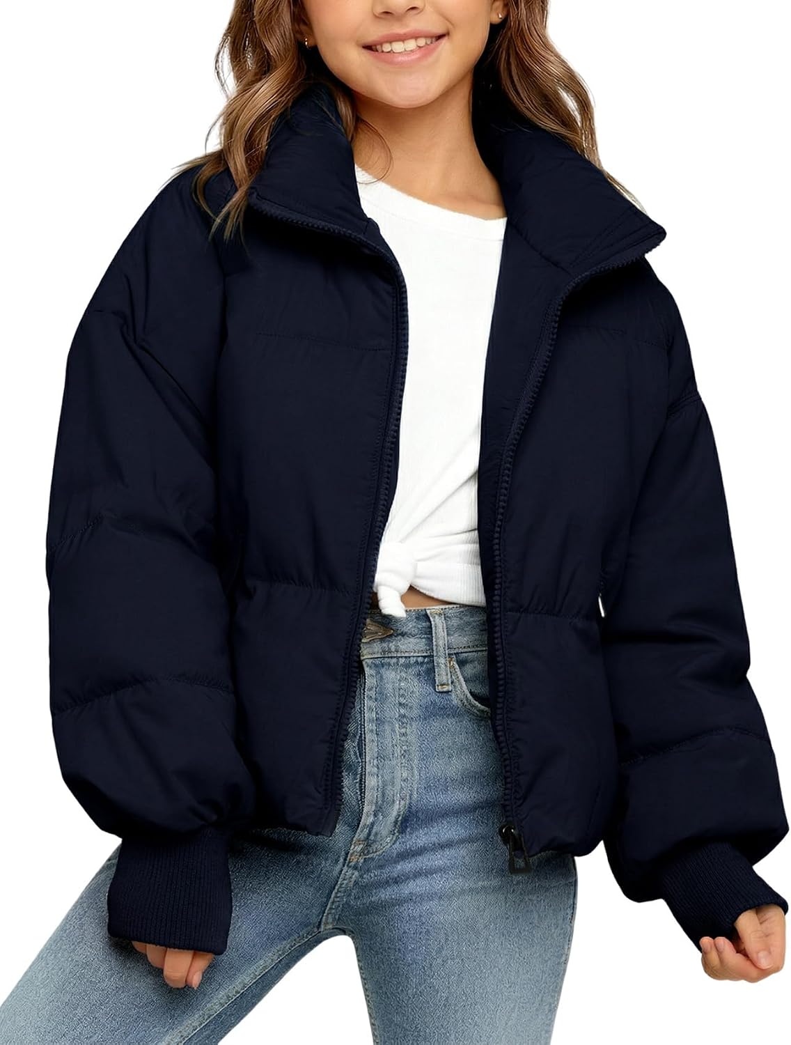 Girls Winter Puffer Jacket Kids Warm Quilted Puffer Coat | Zip Up, Stand Collar, Long Sleeve, Cropped Puffy Jacket