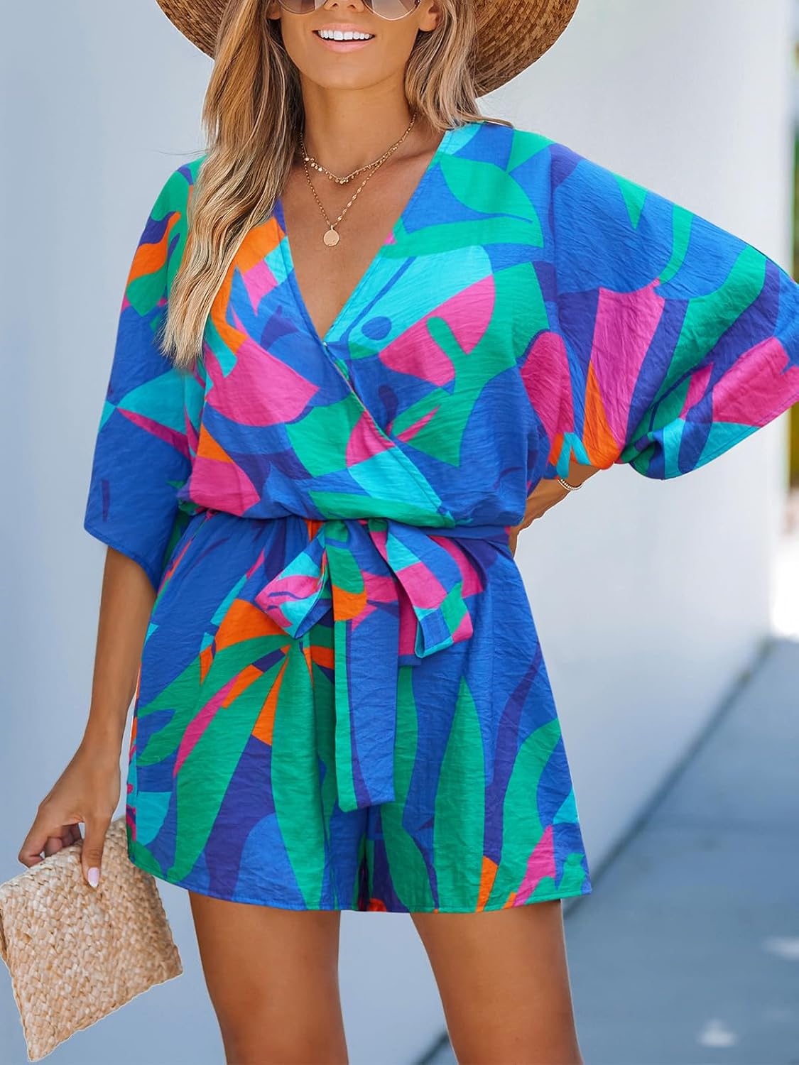 Women Summer Romper 2026 V Neck Tropical Mini Jumpsuit