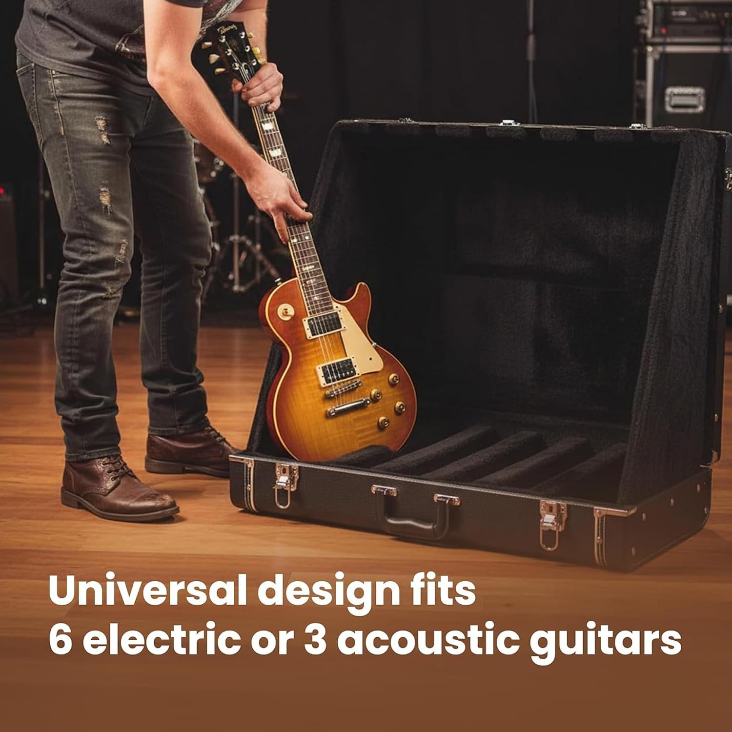 Multiple Guitar Stand Case for 6 Electric or 3 Acoustic Guitars, Hardwood Exterior, Plush Interior