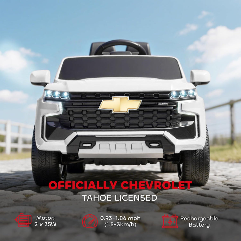 Licensed Chevrolet Tahoe Ride On Car Parent Remote Control White | 12V 7AH Battery Power Ride On Toy, LED Lights