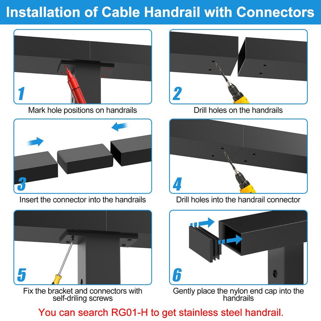 Black Extension Connectors for Cable Railing Flat Handrail