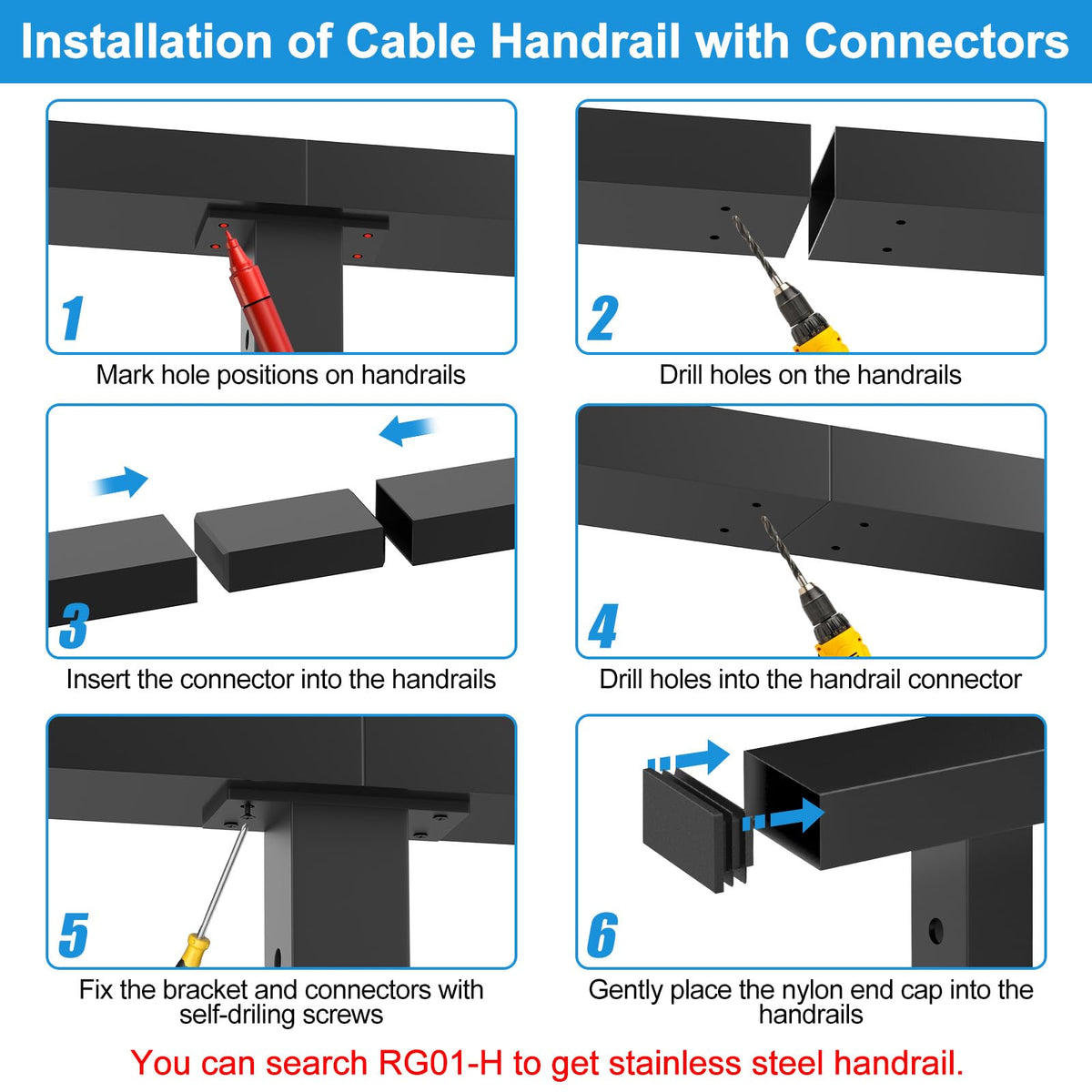 Black Extension Connectors for Cable Railing Flat Handrail
