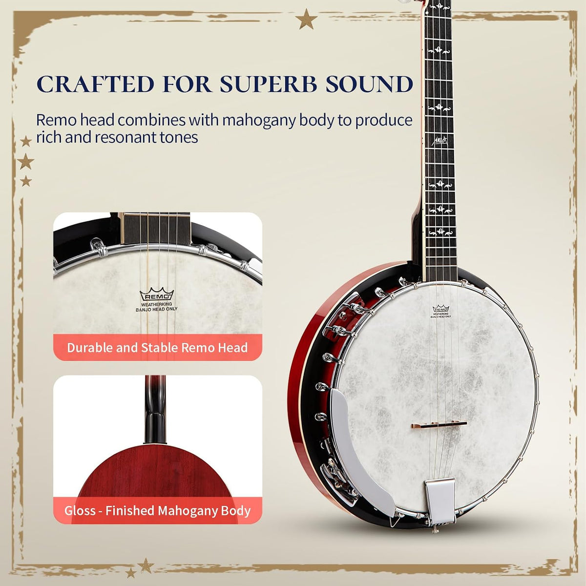 5-String Banjo Deluxe Set: 38-Inch Full-Size Banjo With Remo Head and Detachable Resonator, Open-Back or Closed-Back