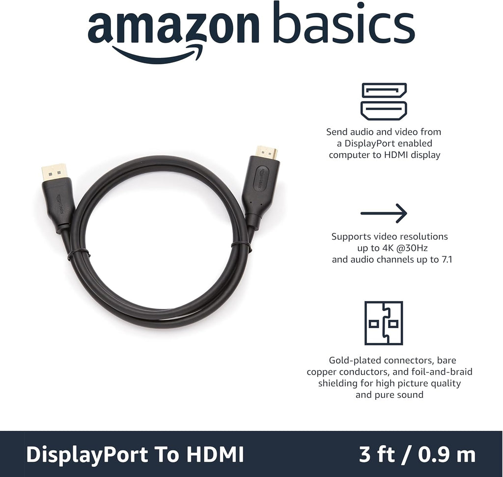 DisplayPort to HDMI Cable, Uni-Directional, Gold-Plated, Video and Audio, 3 Foot, Black
