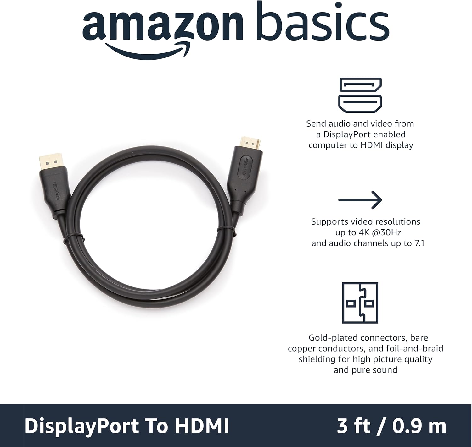 DisplayPort to HDMI Cable, Uni-Directional, Gold-Plated, Video and Audio, 3 Foot, Black