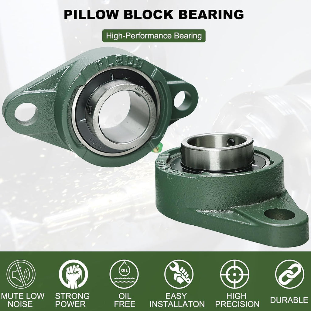 2 Pack UCFL209-28 Pillow Block Bearing – Flange 2 Bolt Mounted Pillow Block Bearings – Bearing Steel Bearings with 1-3/4" Bore - Self-aligning Bearings with Solid Cast Iron Base