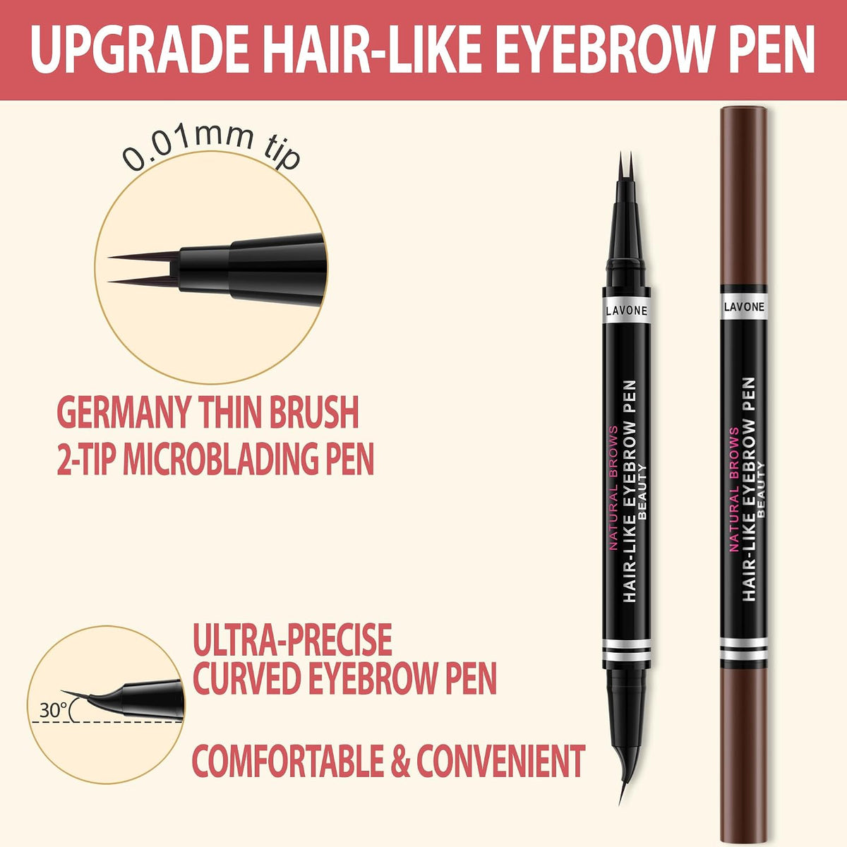 Waterproof Eyebrow Pen Kit, Pomade Eyeliner & Brush, Dark Brown