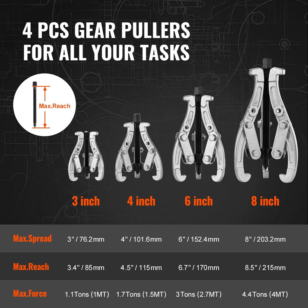 Gear Puller Set, 3" 4" 6" 8" Puller Kit, 3 Jaw Gear Bearing Flywheel Pulley Removal Tool, 2 or 3 Reversible Jaws