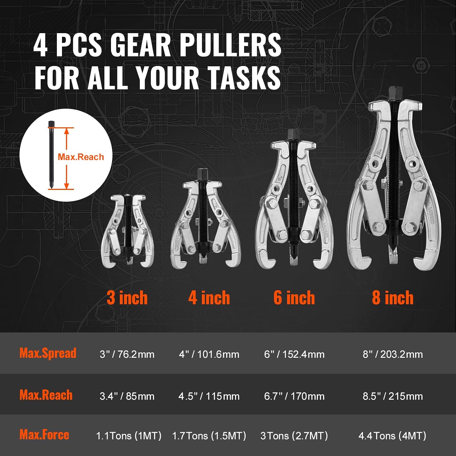 Gear Puller Set, 3" 4" 6" 8" Puller Kit, 3 Jaw Gear Bearing Flywheel Pulley Removal Tool, 2 or 3 Reversible Jaws