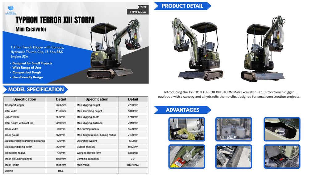 Terror XIII Mini Excavator, 13.5 HP Gas Engine, Compact Tracked Digger with Canopy, Military Green
