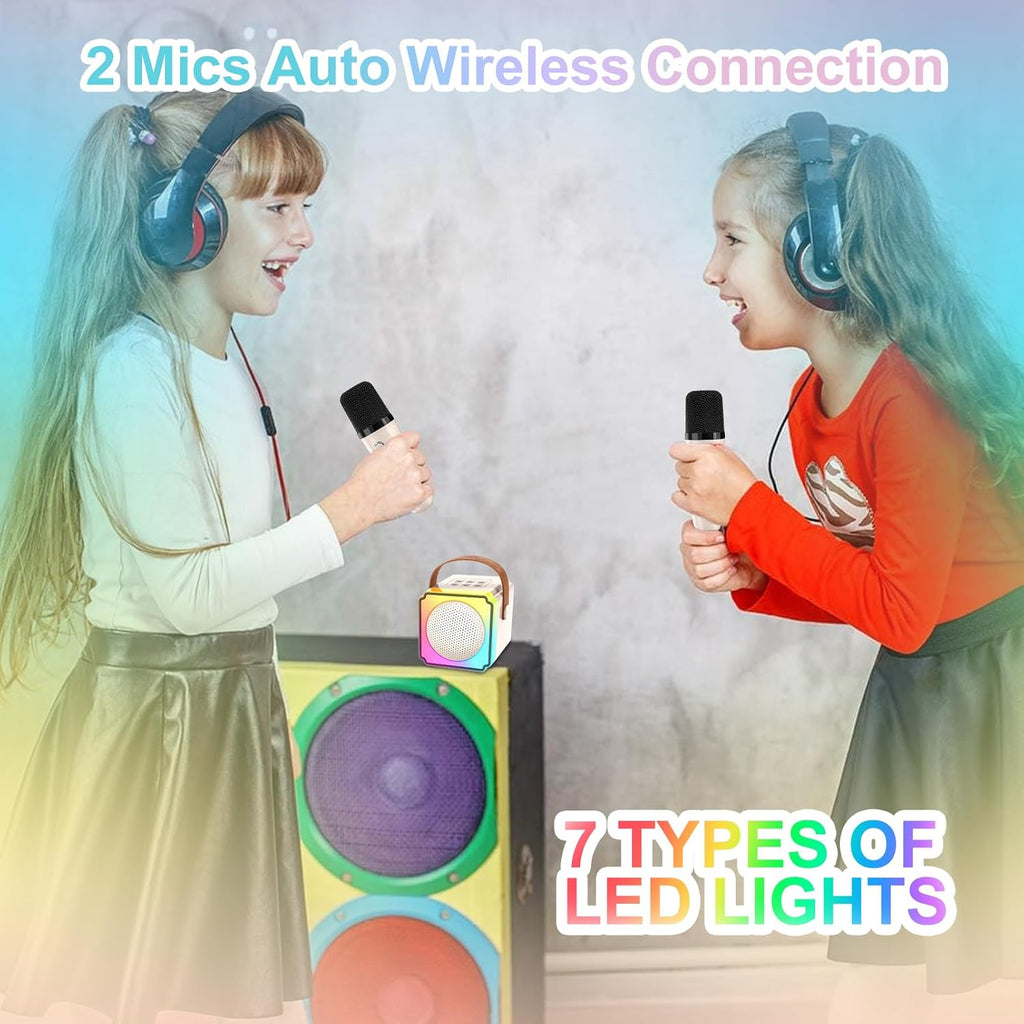 Mini Karaoke Machine for Kids Adults, Portable Bluetooth Speaker with 2 Wireless Microphones, Birthday Toys for Girls