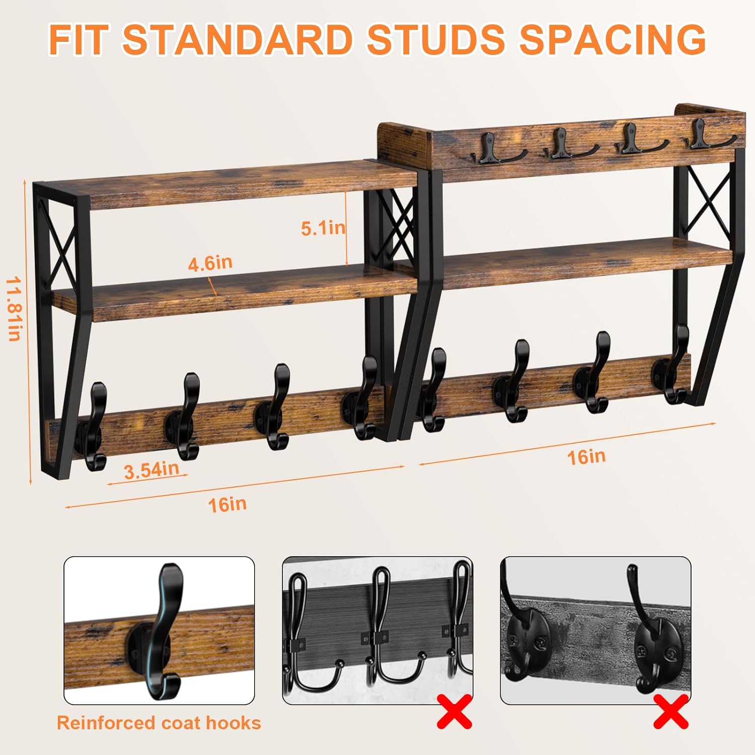 Upgraded 3-Tier Large Coat Rack Wall Mount with Shelf, 4 in 1 Versatile Coat and Key Hanger Wall Mount, 32-inch