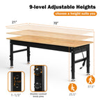 70" Adjustable Height Workbench, 2000 LBS Heavy Duty Work Table with Power Outlets & Pegboard, Rubber Wood