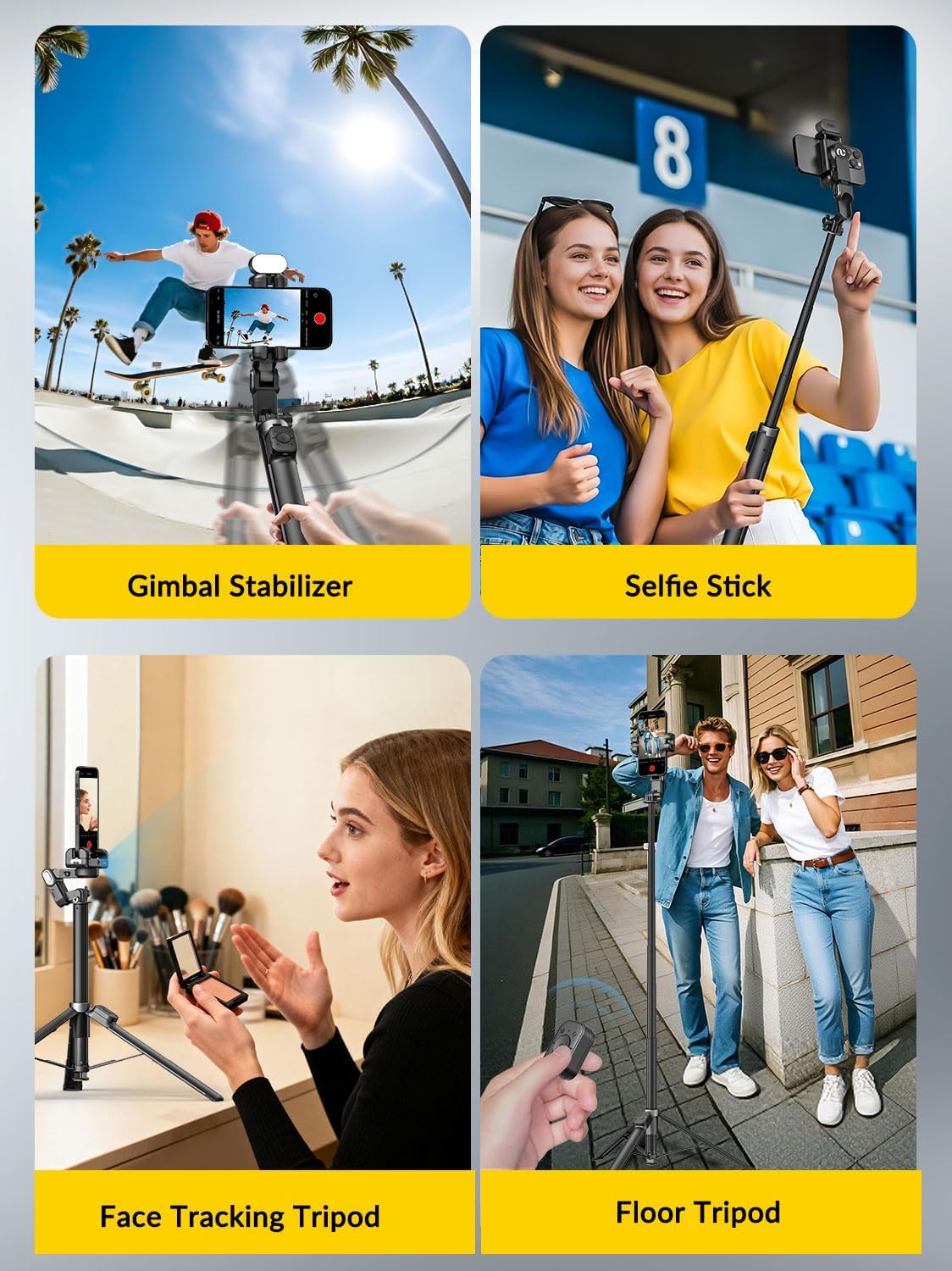 M3Pro 4-in-1 Smartphone Gimbal Stabilizer for iPhone, AI Tracking | Auto-Open Tripod, No App AI Face Tracking, RGB