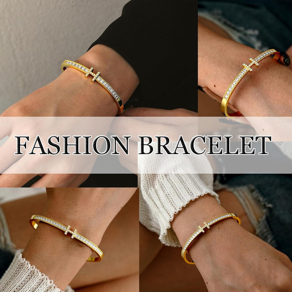 Gold Bracelets for Women, 18K Gold Plated Women H Bracelet, Dainty Non-Tarnish Silver Bangle Bracelet Stack Love