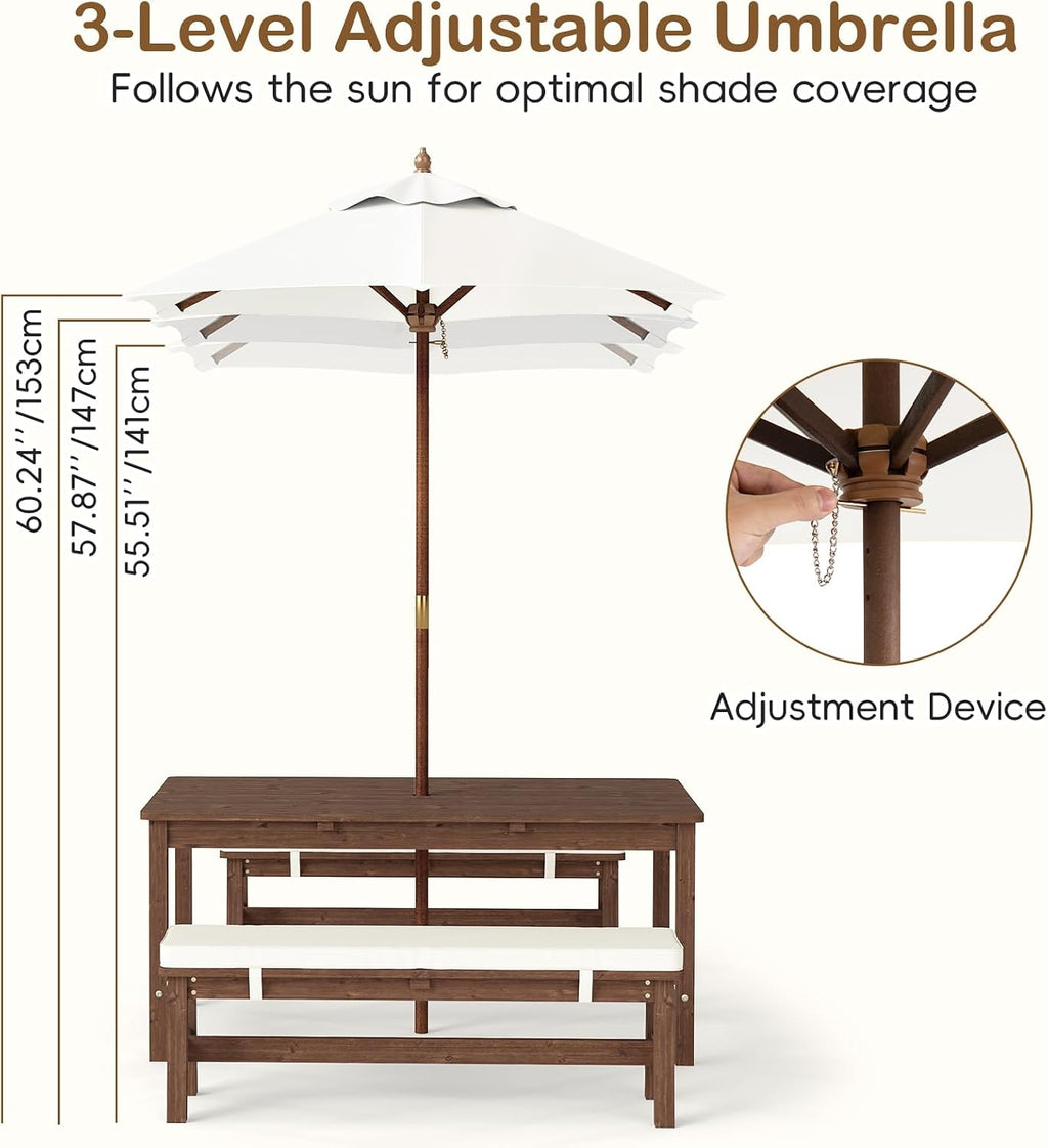 Kids Picnic Table, Outdoor Wooden Bench Set with Removable Cushions Adjustable Foldable Umbrella, Toddler Backyard