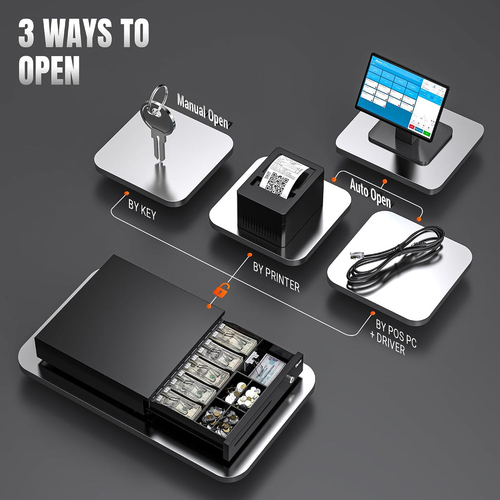 Cash Register Drawer 16 Inch: 6 Bill 4 Coin Media Slot for POS, 4042G | RJ-12, Metal Case, Auto & Manual Open