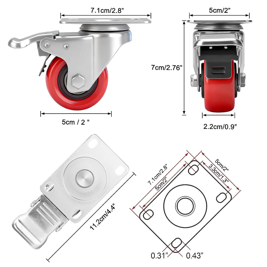 2 Inch Industrial Heavy Duty Swivel Caster Wheels with Brake,Set of 4 Safety Locking Casters,Load 600lbs,Premium