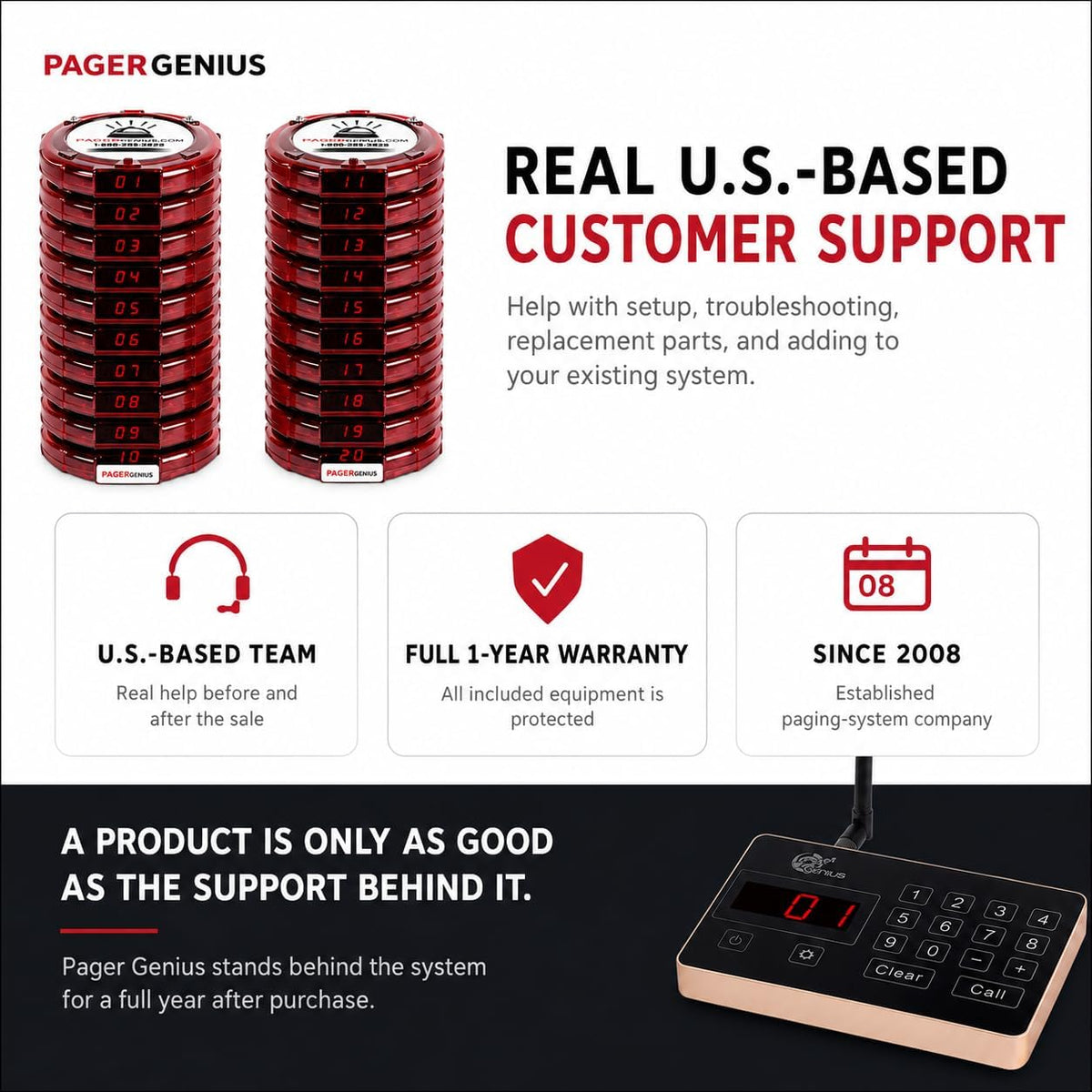 Restaurant Pager System, 10 Guest Pagers, 72-Hour Battery