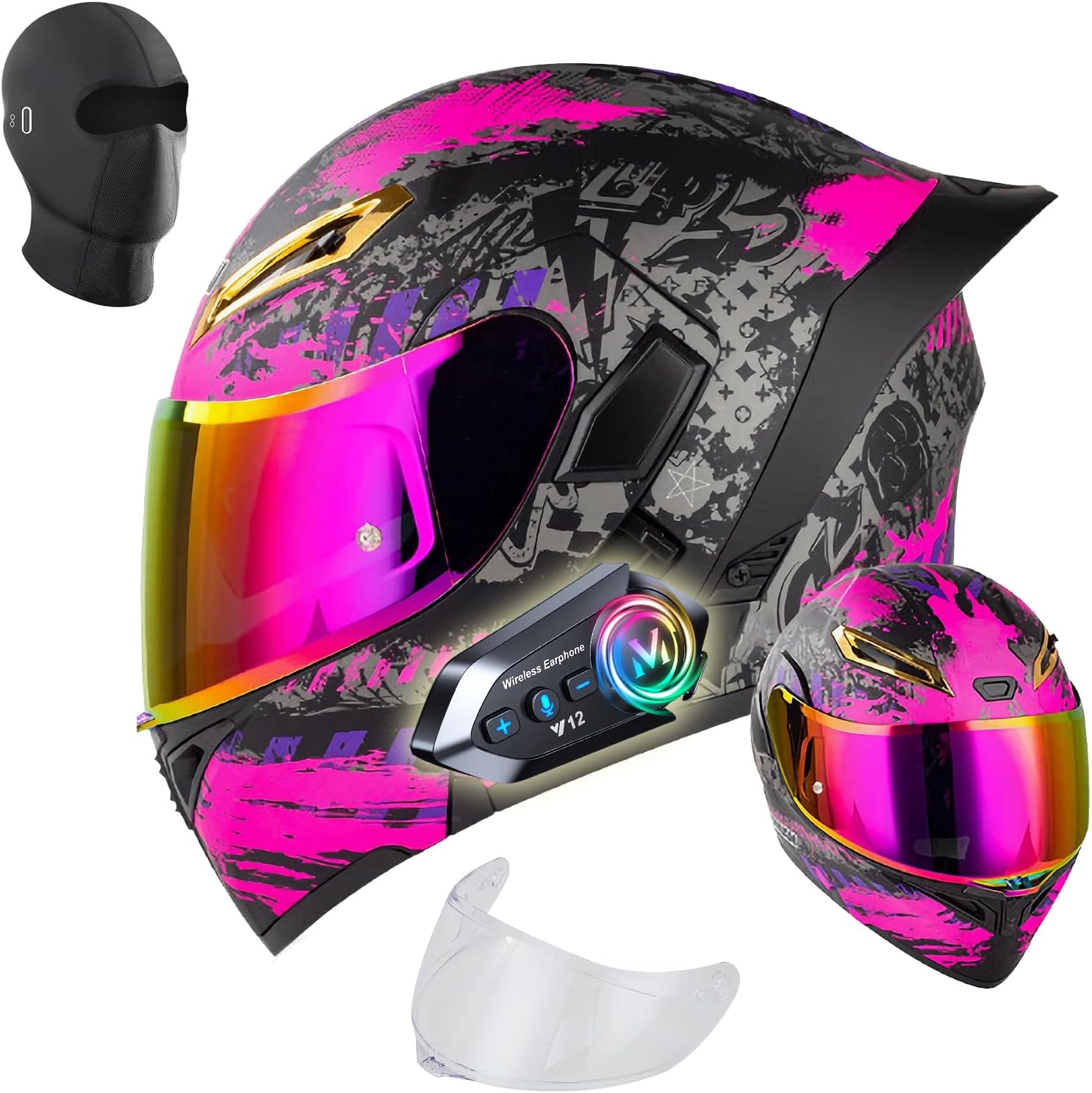 Womens Modular Motorcycle Helmets with Bluetooth - DOT | Dual Visor, Flip Up Full Face, Purple, Speaker and Mic