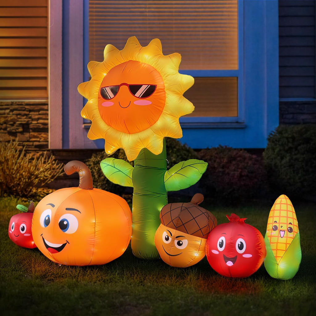 8FT Long Thanksgiving Inflatables Outdoor Decorations, Fall Blow ups Decorations Sunflower and Vegetables, Build in