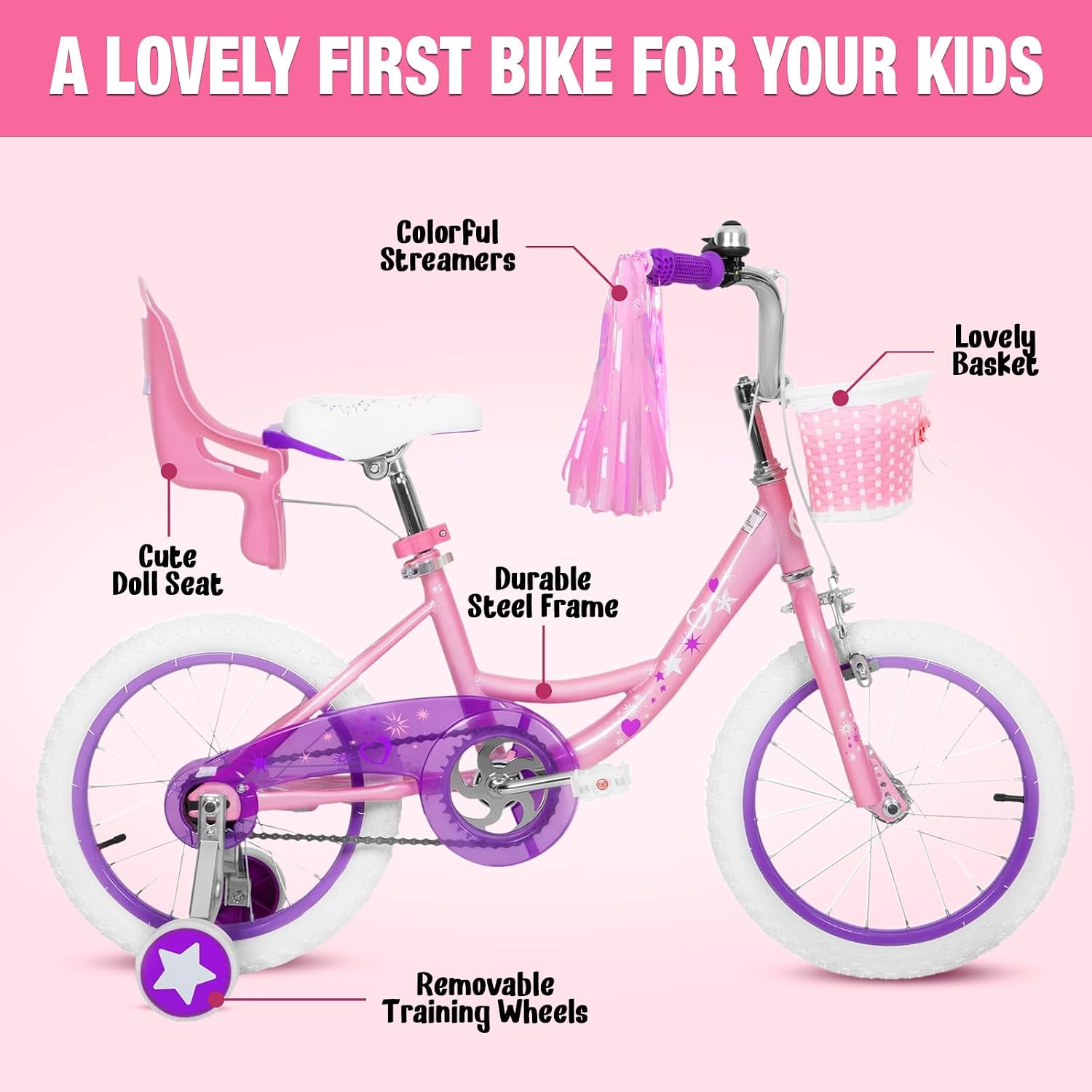 14 16 Inch Kids Bike Girls Toddle Bicycle Ages 3-7 Training Wheels | High Carbon Steel Frame, Training Wheels
