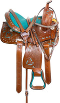 Western Leather Barrel Saddle Floral Embossed Tooled Trail Rodeo Horse Saddle with Matching Headstall, Reins and