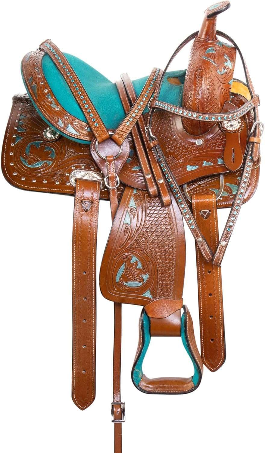 Western Leather Barrel Saddle Floral Embossed Tooled Trail Rodeo Horse Saddle with Matching Headstall, Reins and