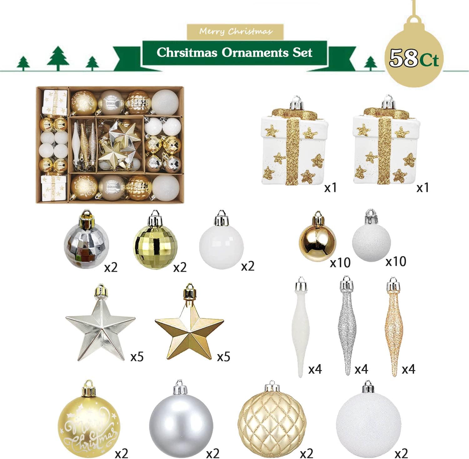 Christmas Assorted Ornaments Set, 58 ct Gold-Silver-White Stars Theme Xmas Tree Ball Ornament, Shatterproof