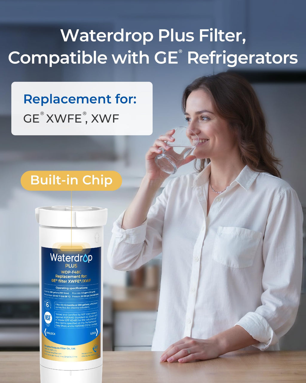Plus Water Filter Replacement for GE XWFE, Built-in Chip 3 Pack
