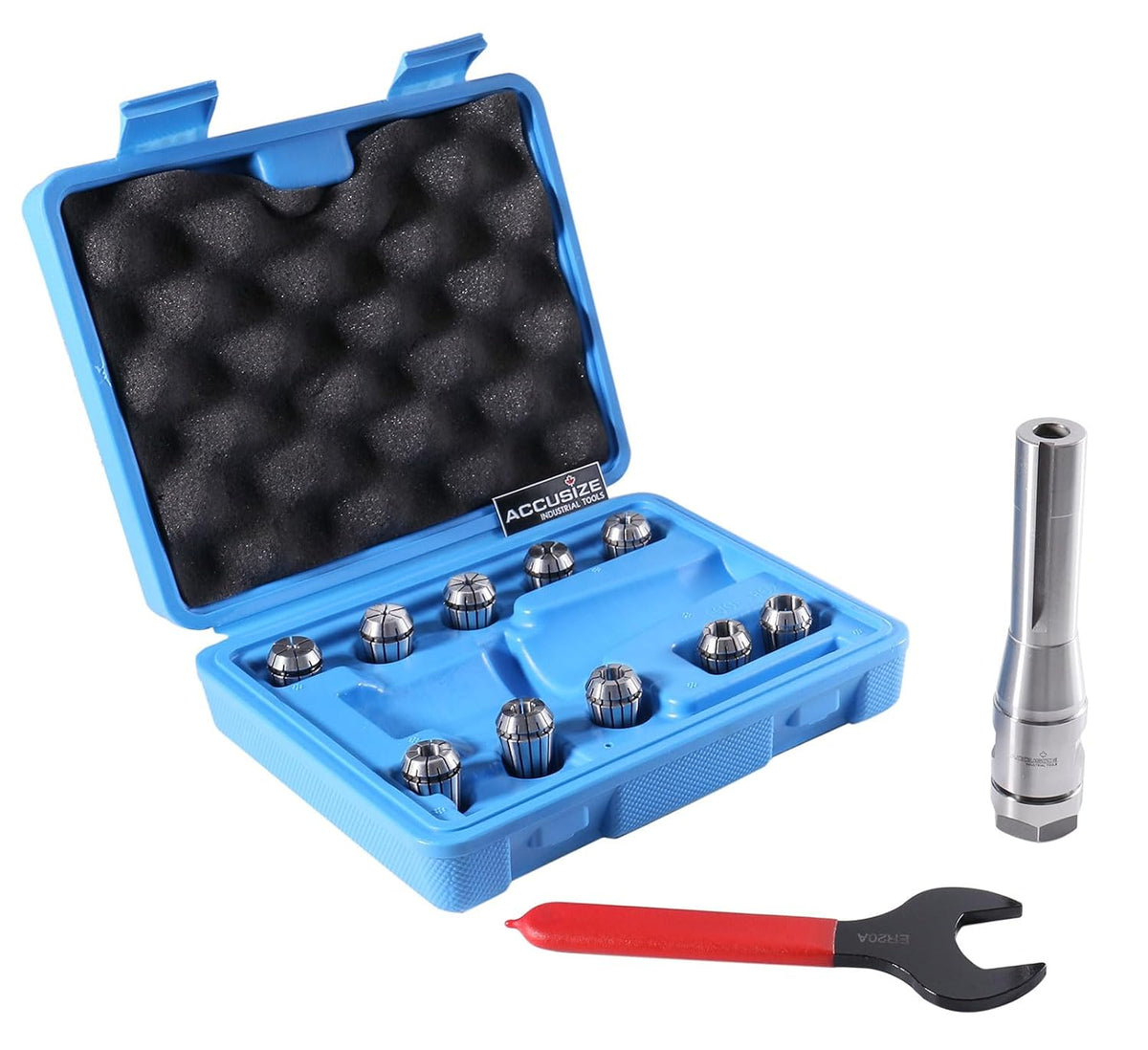 Accusize Industrial Tools 10 Pcs Er20 Collet R8 Bridgeport Shank Plus 1 Wrench in Fitted Case, 0223-0954