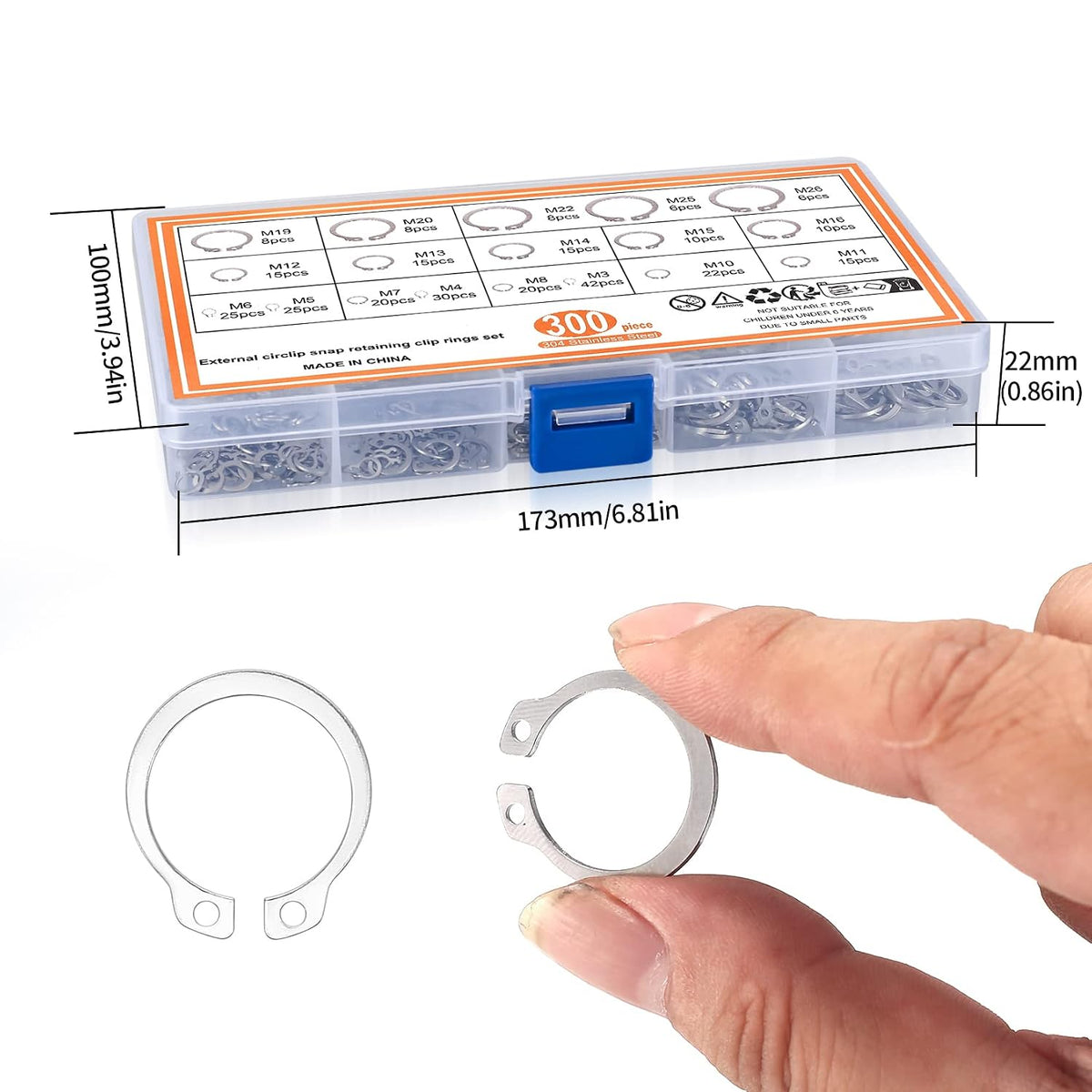 300 Pcs Retaining Ring Kit - Internal & External Snap Rings, 18 Sizes