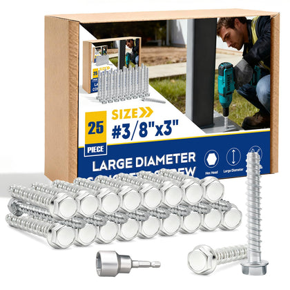 3/8" x 3" Large Diameter Concrete Screw 25 Pack - Heavy Duty Concrete Anchors, Masonry Screws for Brick, Block, Wood