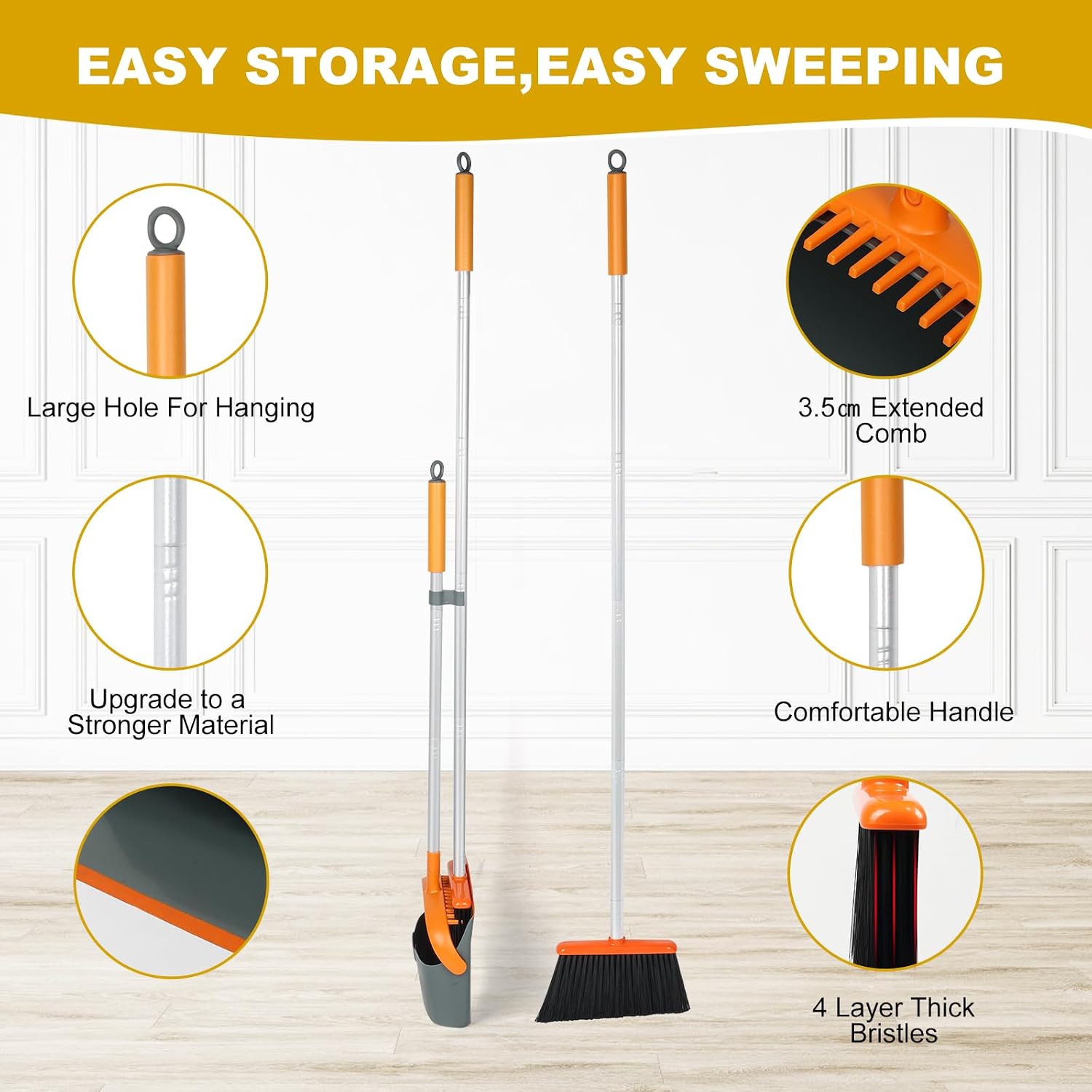 Broom and Dustpan Set with 54 Inch Long Handle - Perfect Dust Pan and Brush Combo for Home Efficient Cleaning (Orange