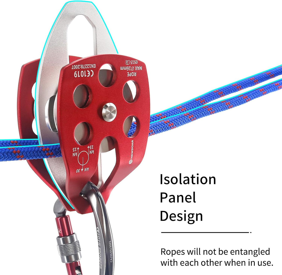 NewDoar CE Certified 30KN Large Rescue Single/Double Pulley with Swing Plate