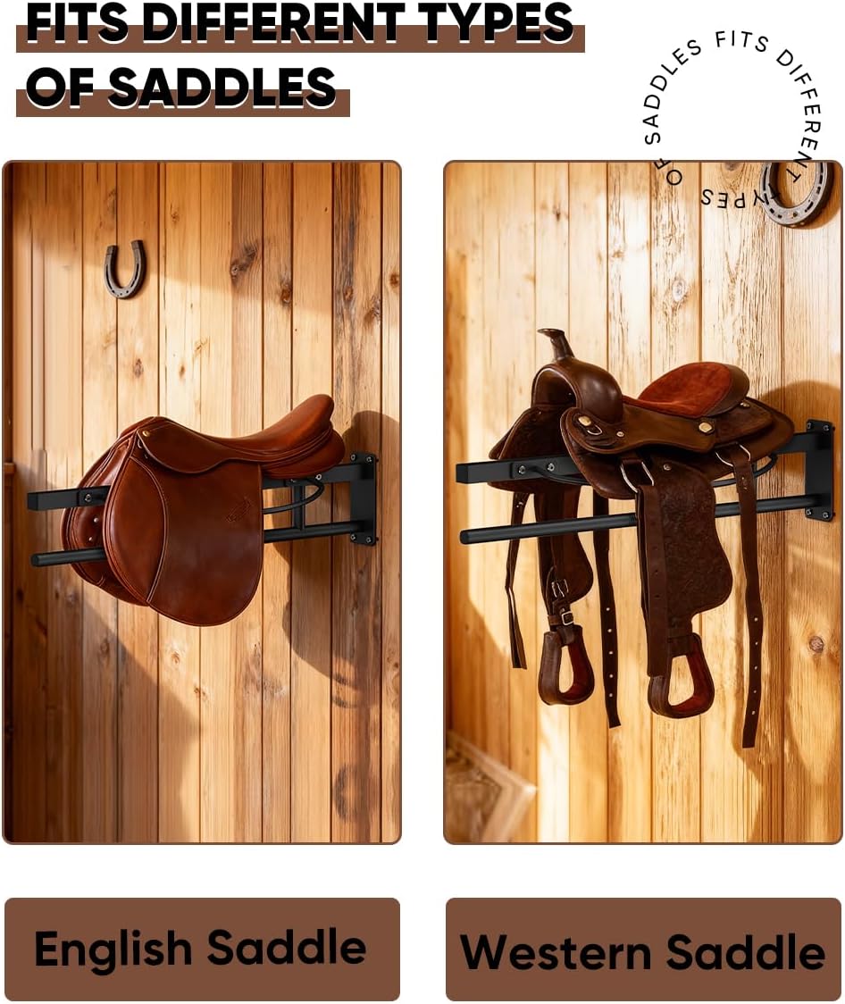 Wall Mounted Saddle Rack with Pad Bar for Horses Saddles, Black