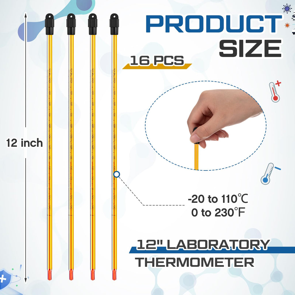 16 Pcs General Purpose Lab Thermometer, Glass, Total Immersion