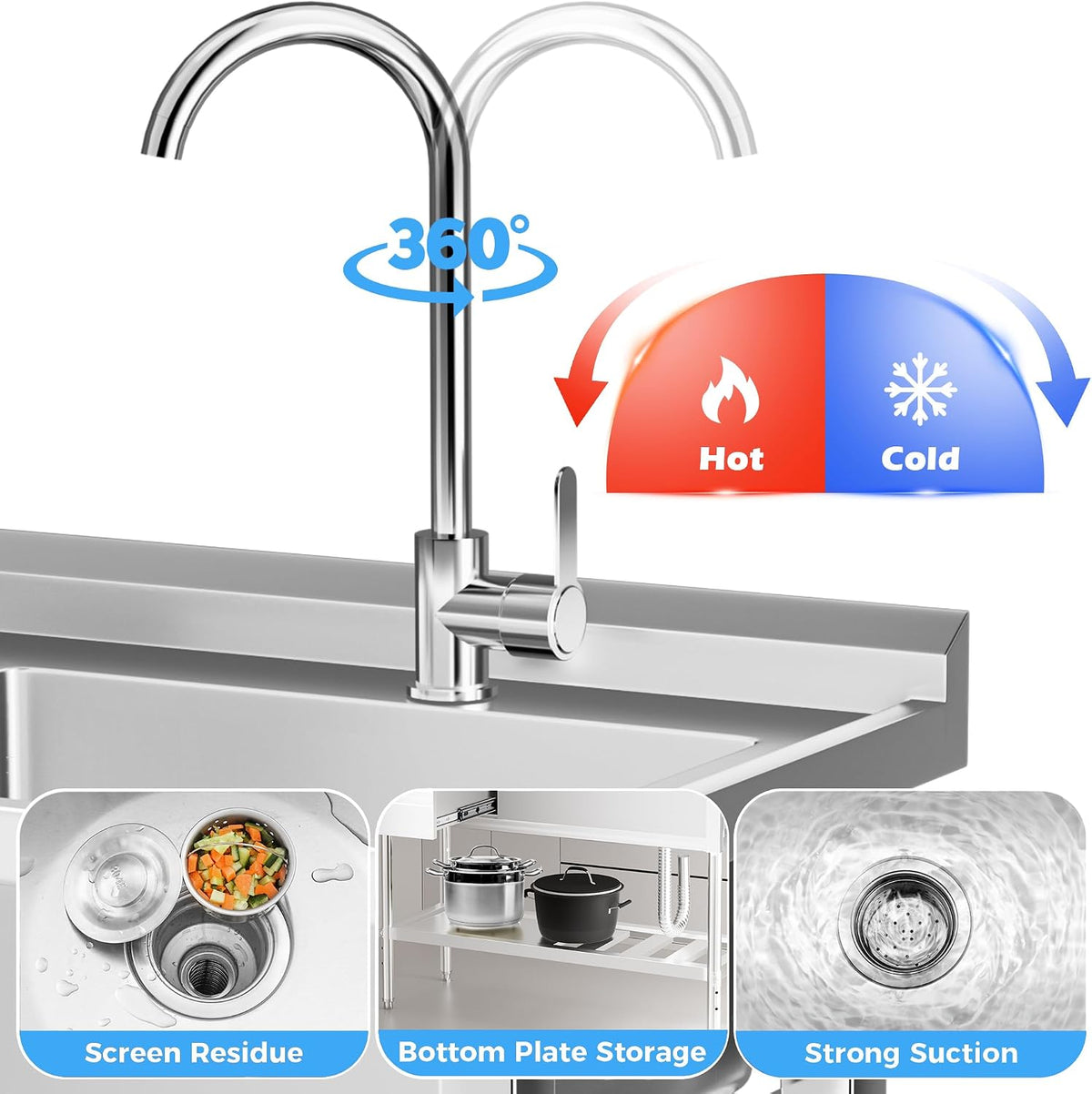 304 Stainless Steel Utility Sink – Free Standing Single Bowl with Workbench, Storage Drawer & Faucet, Hot and Cold