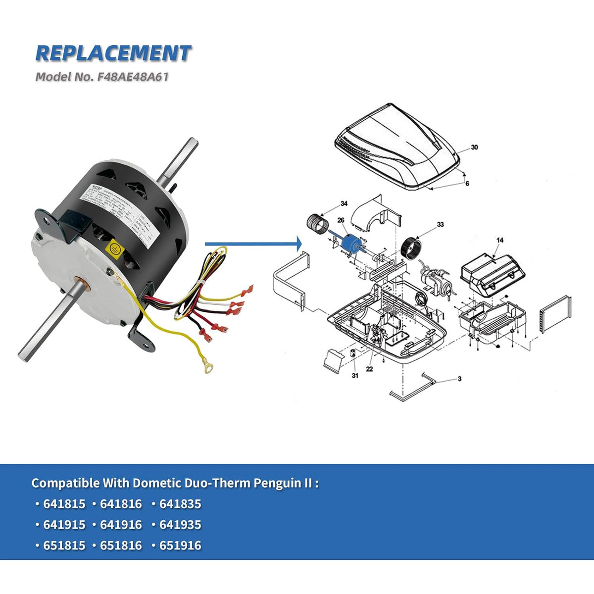 F48AE48A61 3314471.011 RV Fan Motor Replaces Dometic Duo-Therm AC Motor