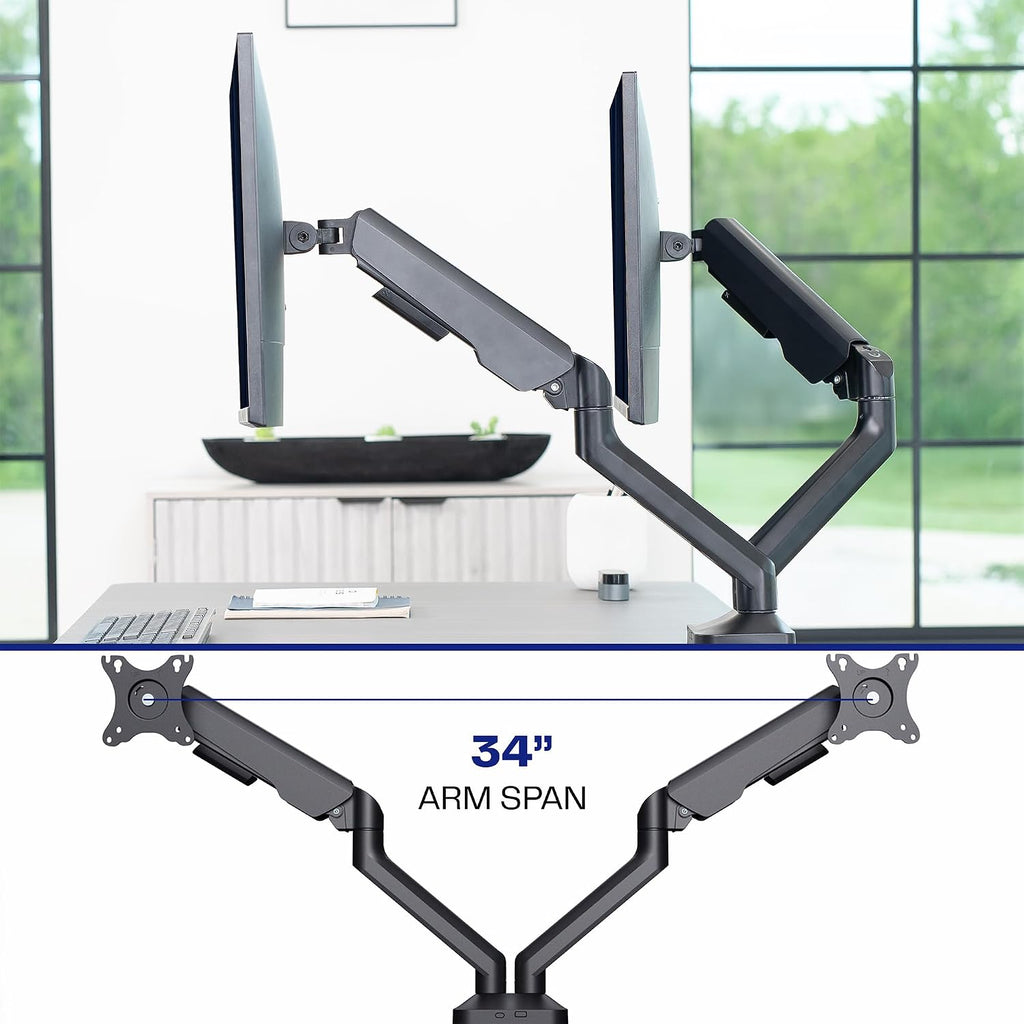 Dual Pneumatic Arm Ultra-Wide Monitor Mount for up to 35 inch Screens, Holds 26.4 lbs per Arm, Desk Mount Monitor