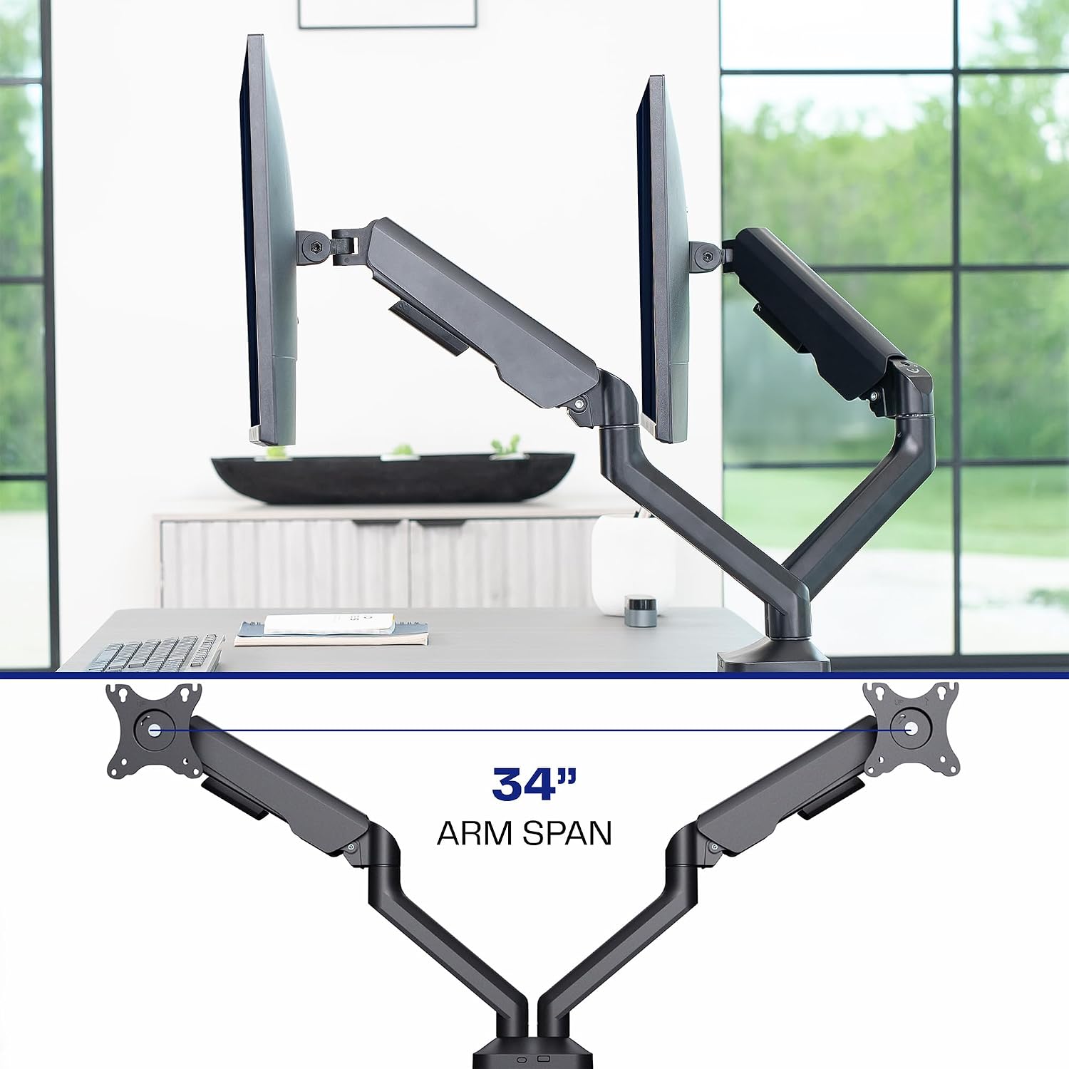 Dual Pneumatic Arm Ultra-Wide Monitor Mount for up to 35 inch Screens, Holds 26.4 lbs per Arm, Desk Mount Monitor